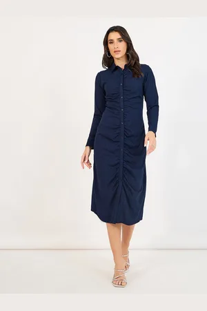 Styli Women Solid Shirt Collar Long Sleeves Ruched A-Line Midi Length Dress