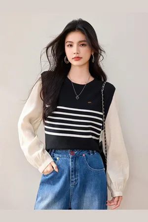 JC Collection Women Striped Round Neck Long Sleeves Pullover
