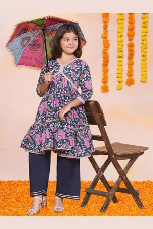Bhama Girls Floral Printed Empire Gotta Patti Pure Cotton Kurta with Palazzos