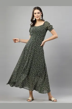 BAESD Women Floral Print Puff Sleeve Georgette Fit & Flare Midi Dress