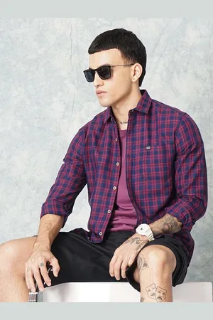 The Indian Garage Co Men Navy Blue & Maroon Slim Fit Checked Casual Shirt