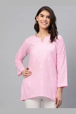 ADAM Co. Women Pink & White Chikankari Embroidered Pure Cotton Straight Handloom Kurti