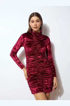 Sassafras Round Neck Ruched Velvet Bodycon Dress