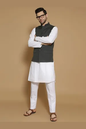 Wintage Mandarin Collar White Romance Straight Kurta with Pyjamas & Nehru Jacket
