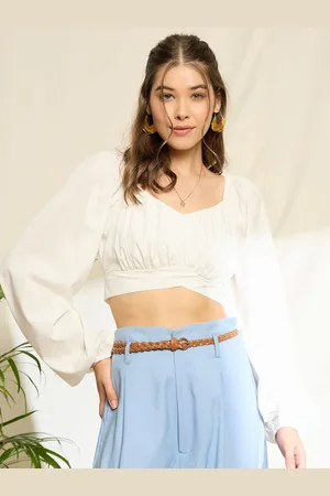 Berrylush Sweetheart Neck Bishop Sleeves Styled Back Crop Top