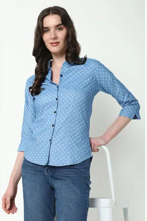 SHOWOFF Women Comfort Spread Collar Polka Dots Printed Cotton Casual Shirt