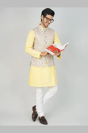 Wintage Mandarin Collar Cotton Silk Straight Kurta with Pyjamas & Nehru Jacket