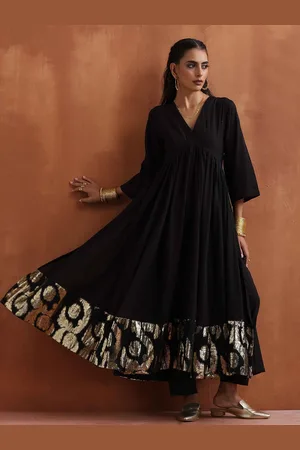 trueBrowns Pleated Anarkali Pure Cotton Zari Kurta with Trousers