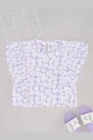 Pantaloons Girls Floral Printed Round Neck short Flutter Sleeves Top