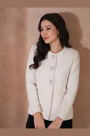 Globus Women Round Neck Shimmer Self Design Single-Breasted Overcoat