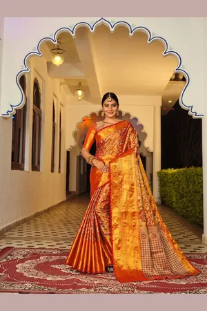 JustFashion Women Woven Design Zari Banarasi Saree With Blouse Piece