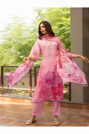 Ambraee Floral Printed Straight Beads and Stones Kurta with Trousers & Dupatta