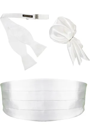 PELUCHE Royal White Solid Cummerbund Open Bow Tie & Pocket Square Set