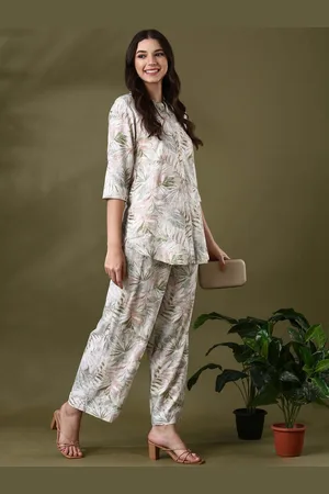 Anouk White Floral Printed Mandarin Collar Tunic & Palazzo