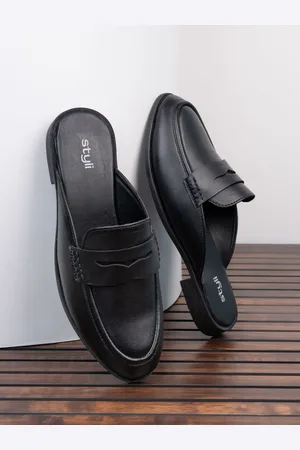Styli Men Faux Leather Black Classic Slip On Loafer Mules