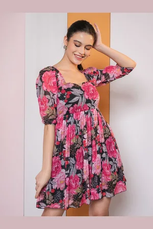 PURVAJA Women Floral Print Puff Sleeve Fit & Flare Dress