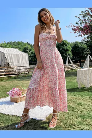 DressBerry Women Floral Printed Halter Neck Fit and Flare Midi Dress