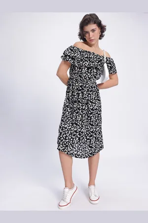 DressBerry Monochrome Florals Off-Shoulder A-Line Midi Dress