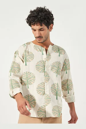 Styli Men Mandarin Collar Floral Printed Cotton Relaxed Fit Casual Shirt
