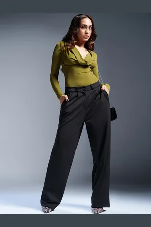 FREAKINS Women Relaxed Straight Leg Straight Fit High-Rise Korean Trouser