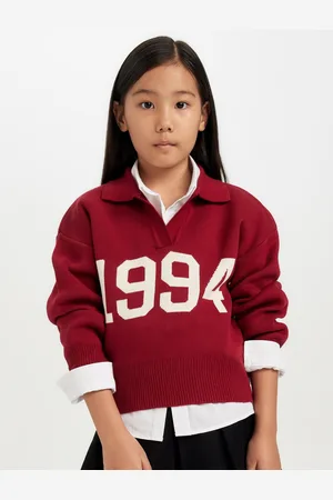 DeFacto Girls Alphanumeric Printed Lapel Collar Pullover Sweaters