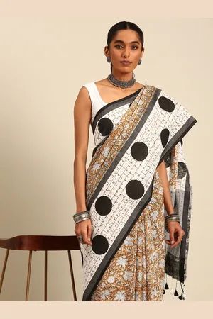 Taavi Floral Hand Block Print Handloom Cotton Linen Saree