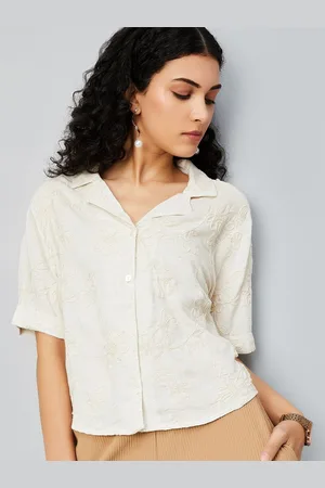 Max Collection Women Floral Embroidered Roll-Up Sleeves Shirt Style Top