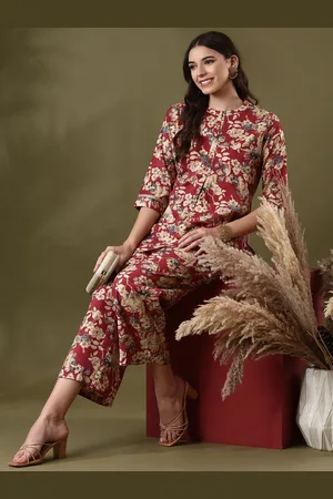 Anouk Red Floral Printed Mandarin Collar Tunic & Palazzo