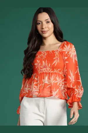 DressBerry Floral Print Puff Sleeve Georgette Peplum Top