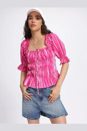 DressBerry Candy Stripes Puff Sleeve Cotton Peplum Top