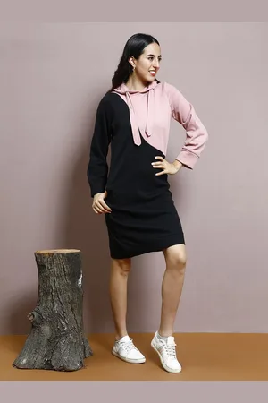 ATHENA Women Cotton Colourblocked Hooded Jumper Dress