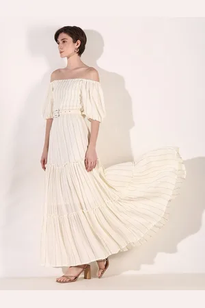 SHOWOFF Women Cotton Striped Off-Shoulder Puff Sleeve Fit & Flare Maxi Dress