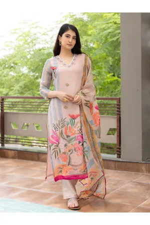Ambraee Floral Printed Beads and Stones Straight Kurta With Trouser & Dupatta