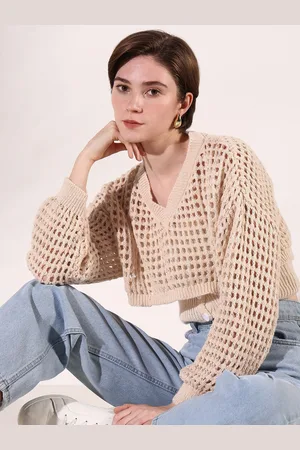 SHOWOFF Women V-Neck Crochet Fitted Crop Top with Over top