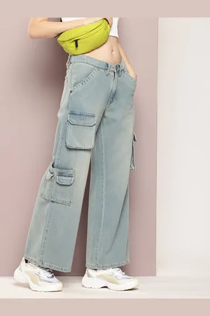 Kook N Keech Women Pure Cotton Wide Leg Cargo Heavy Fade Jeans