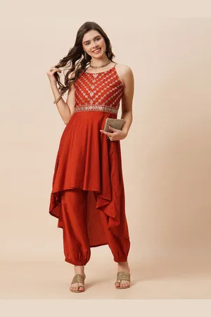 Globus Floral Yoke Design Sequinned A-Line Kurta with Afghani Pants