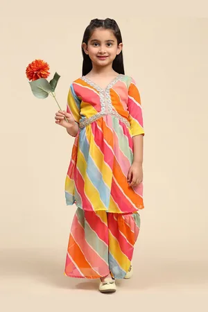 SHIJILA Girls Printed Empire Gotta Patti Kurta with Sharara
