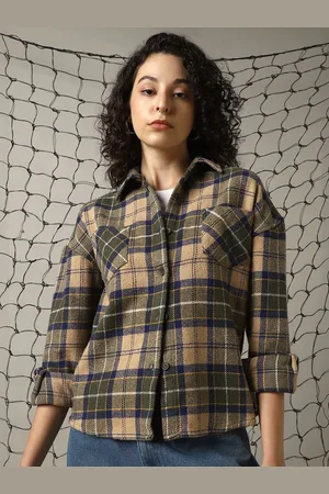 Hubberholme Women Spread Collar Tartan Checked Cotton Boxy Fit Casual Shacket Shirt