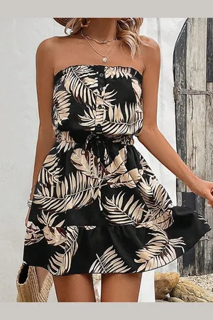 DressBerry Women Tropical Printed Strapless Fit & Flare Mini Dress