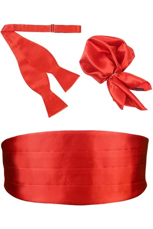 PELUCHE Sultry Red Cummerbund Open Bow Tie & Pocket Square Set