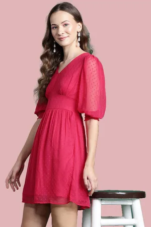 Deewa Women V-Neck Puff Sleeve A-Line Dress