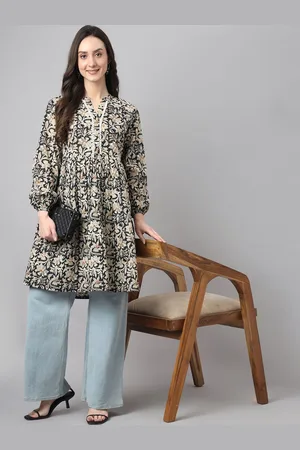 Kalini Women Floral Printed Mandarin Collar Puff Sleeve Cotton Tunic