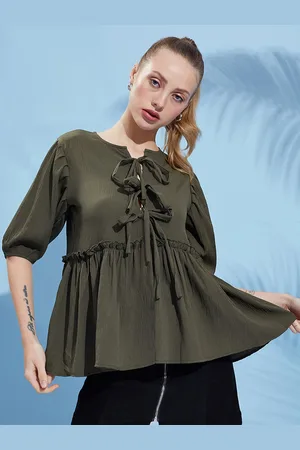 DressBerry Women Round Neck Puff Sleeves Peplum Top