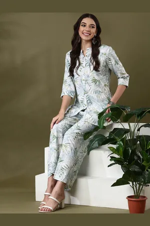 Anouk White Floral Printed Mandarin Collar Tunic & Palazzo