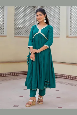HERE&NOW Floral Embroidered V-Neck Empire Anarkali Kurta With Trouser