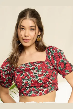 Berrylush Floral Print Puff Sleeve Crop Top