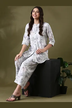 Anouk White Floral Printed Mandarin Collar Tunic & Palazzo