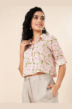 Pantaloons Women Floral Printed Cotton Shirt Style Crop Top