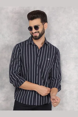 Crimsoune Club Men Smart Spread Collar Vertical Striped Cotton Slim Fit Casual Shirt