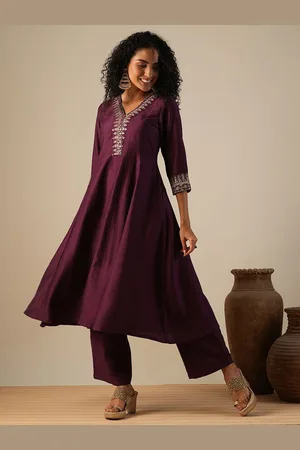 Globus Purple Floral Yoke Design Panelled Zari Anarkali Kurta with Trousers